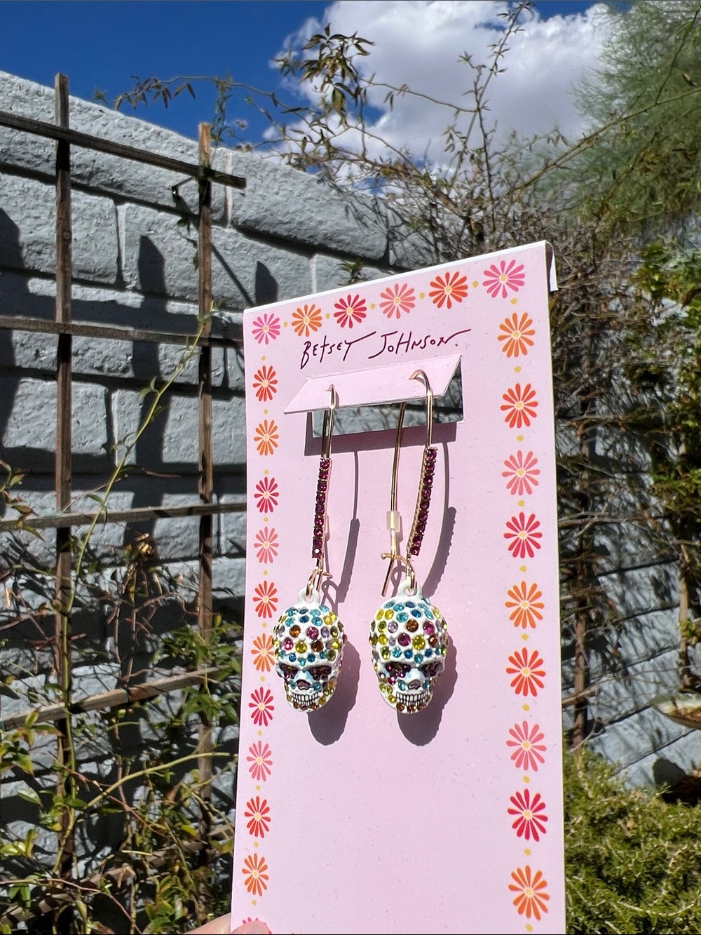 Betsey Johnson White Multicolor Crystal Skull Drop Earrings